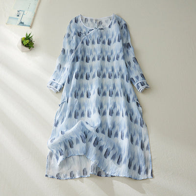 Summer Vintage Loose Printed Linen Blue Dress May 2022 New Arrival M Blue 
