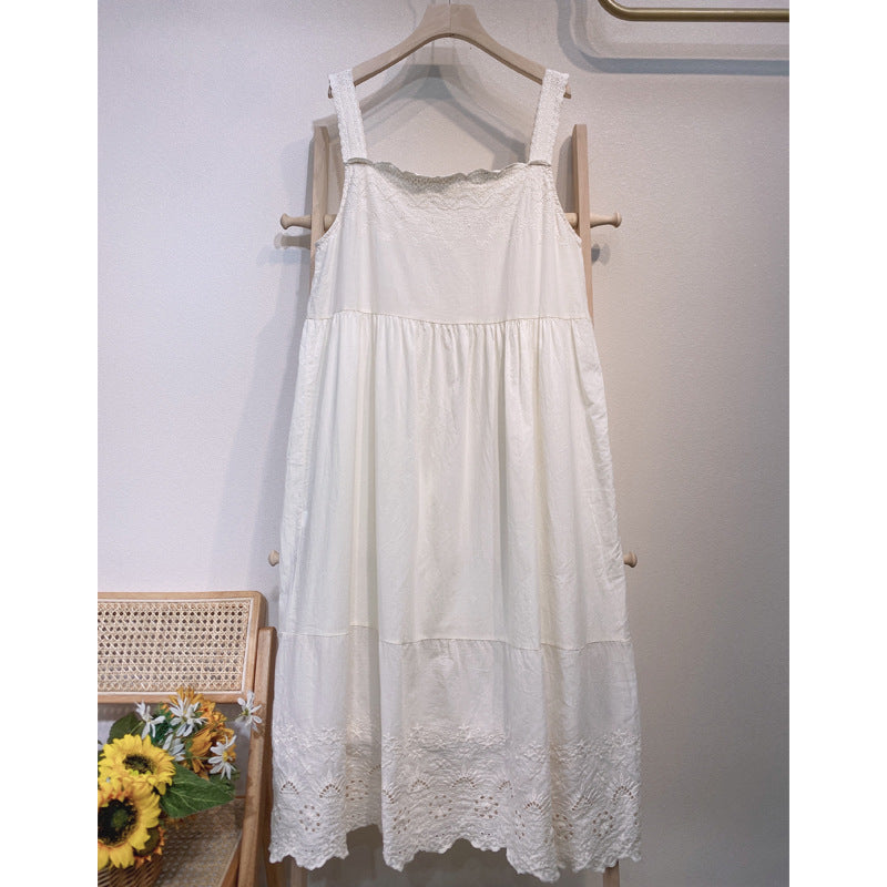 Summer Vintage Sleeveless Cotton Lace Loose Dress Apr 2022 New Arrival Apricot One Size 