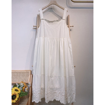 Summer Vintage Sleeveless Cotton Lace Loose Dress Apr 2022 New Arrival Apricot One Size 