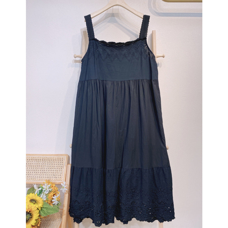 Summer Vintage Sleeveless Cotton Lace Loose Dress Apr 2022 New Arrival Black One Size 