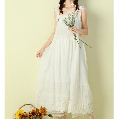 Summer Vintage Sleeveless Cotton Lace Loose Dress Apr 2022 New Arrival White One Size 