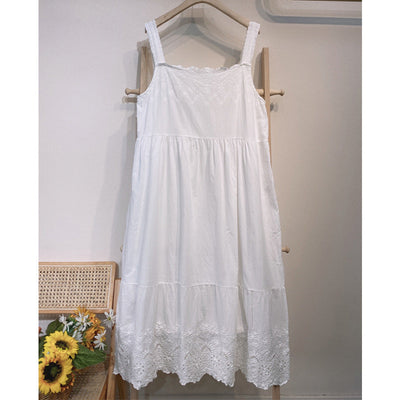 Summer Vintage Sleeveless Cotton Lace Loose Dress Apr 2022 New Arrival White One Size 