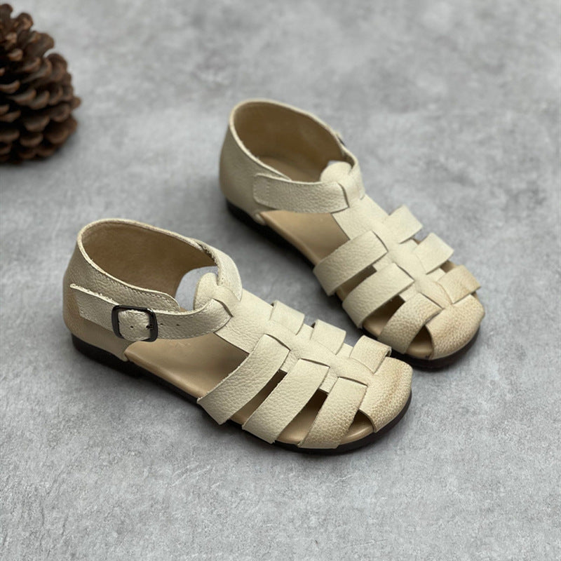 Summer Vintage Strappy Leather Handmade Casual Sandals May 2022 New Arrival Beige 35 
