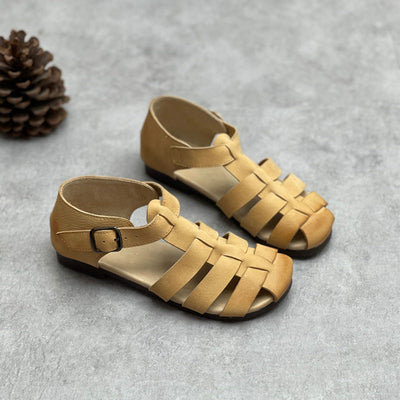 Summer Vintage Strappy Leather Handmade Casual Sandals May 2022 New Arrival Yellow 35 