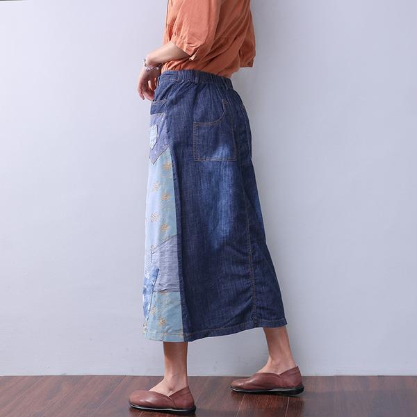 Summer Women Denim Applique Blue Skirt - Babakud
