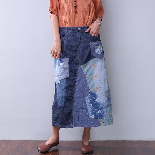 Summer Women Denim Applique Blue Skirt