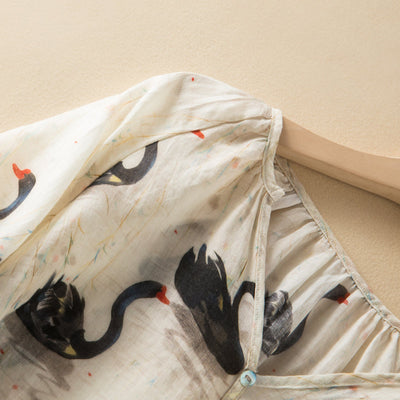 Summer Women Retro Swan Printed Thin Linen Blouse