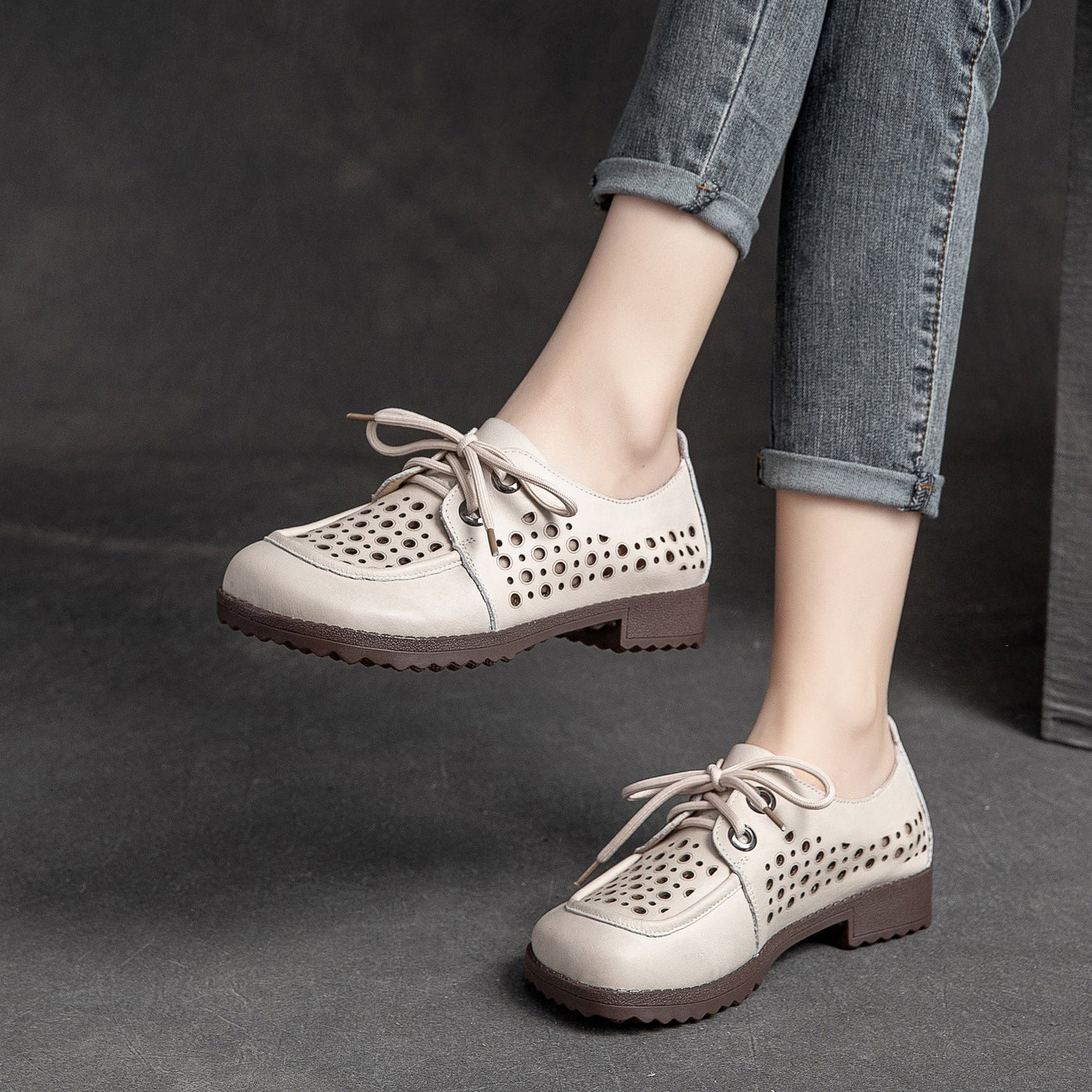 Summer Women Vintage Hollow Leather Casual Shoes Mar 2022 New Arrival Beige 35 