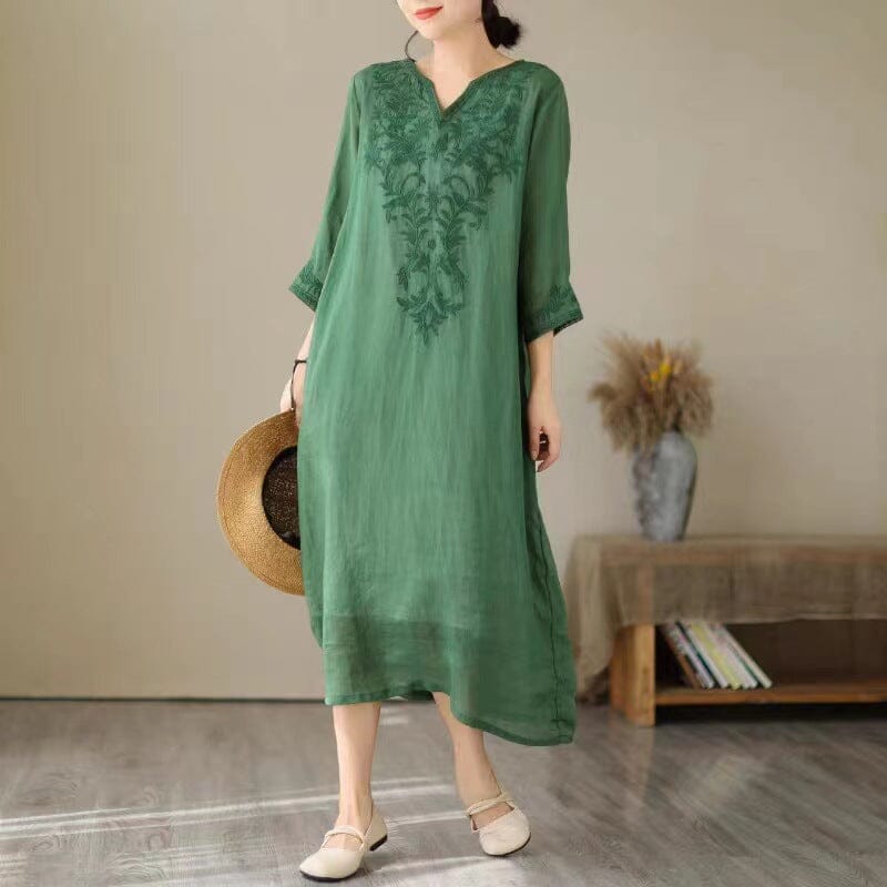 Sunmer Linen Retro Embroidery Losoe Causal Dress Jun 2023 New Arrival Green One Size 