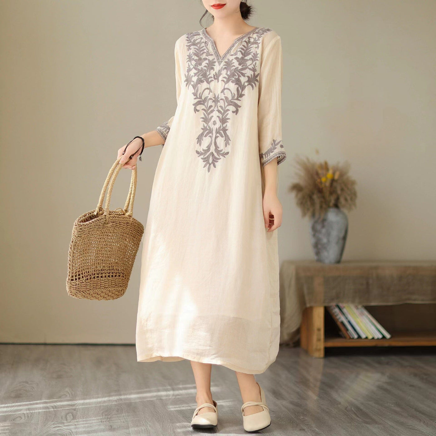 Sunmer Linen Retro Embroidery Losoe Causal Dress Jun 2023 New Arrival Khaki One Size 