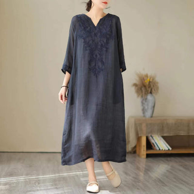 Sunmer Linen Retro Embroidery Losoe Causal Dress Jun 2023 New Arrival Navy One Size 