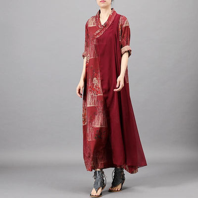 Surplice Casual V-Neck Printed Loose Comfortable Maxi Long Sleeve Dress 2019 April New One Size Red 
