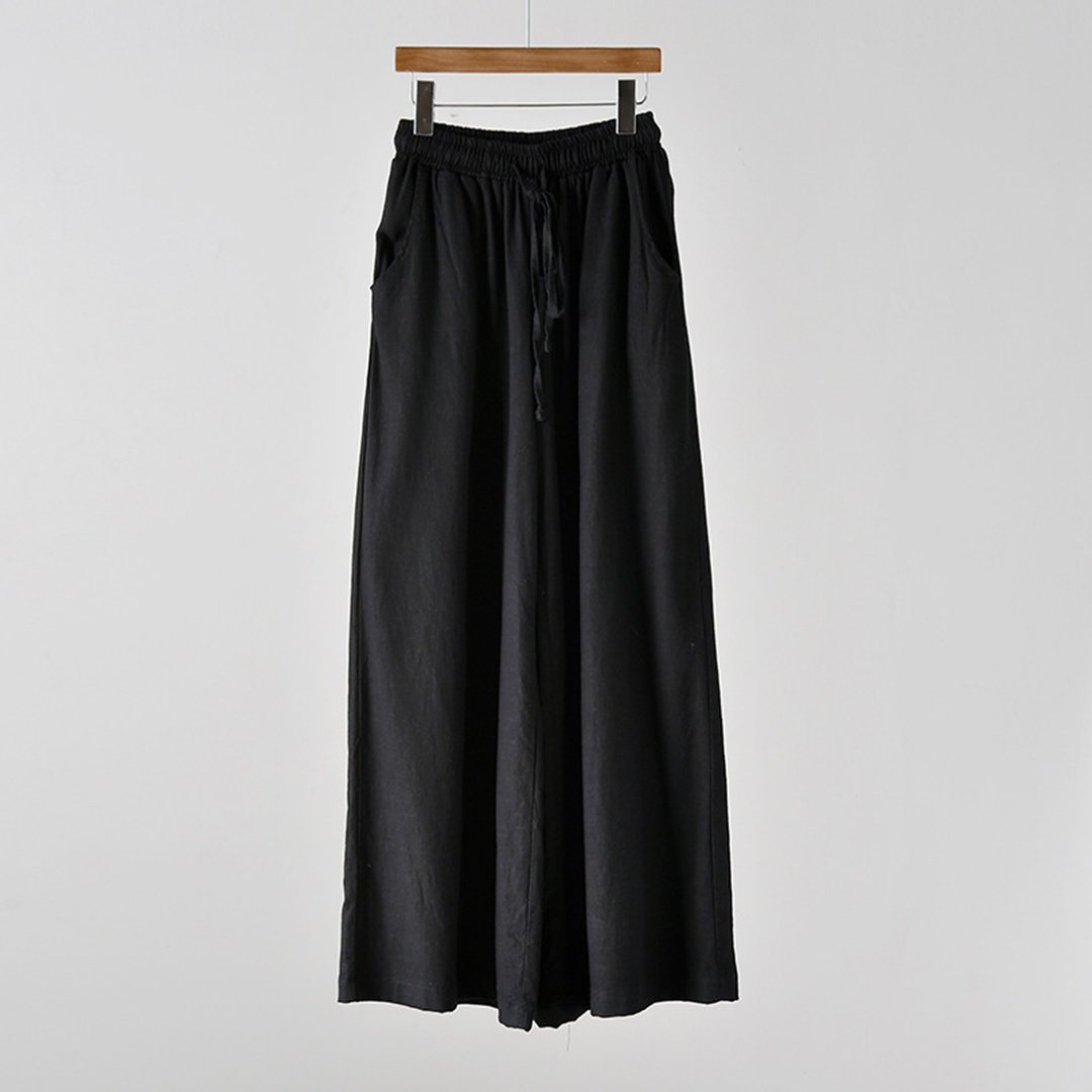 Tie-Up Cotton Linen Culottes Pants One Size Black 