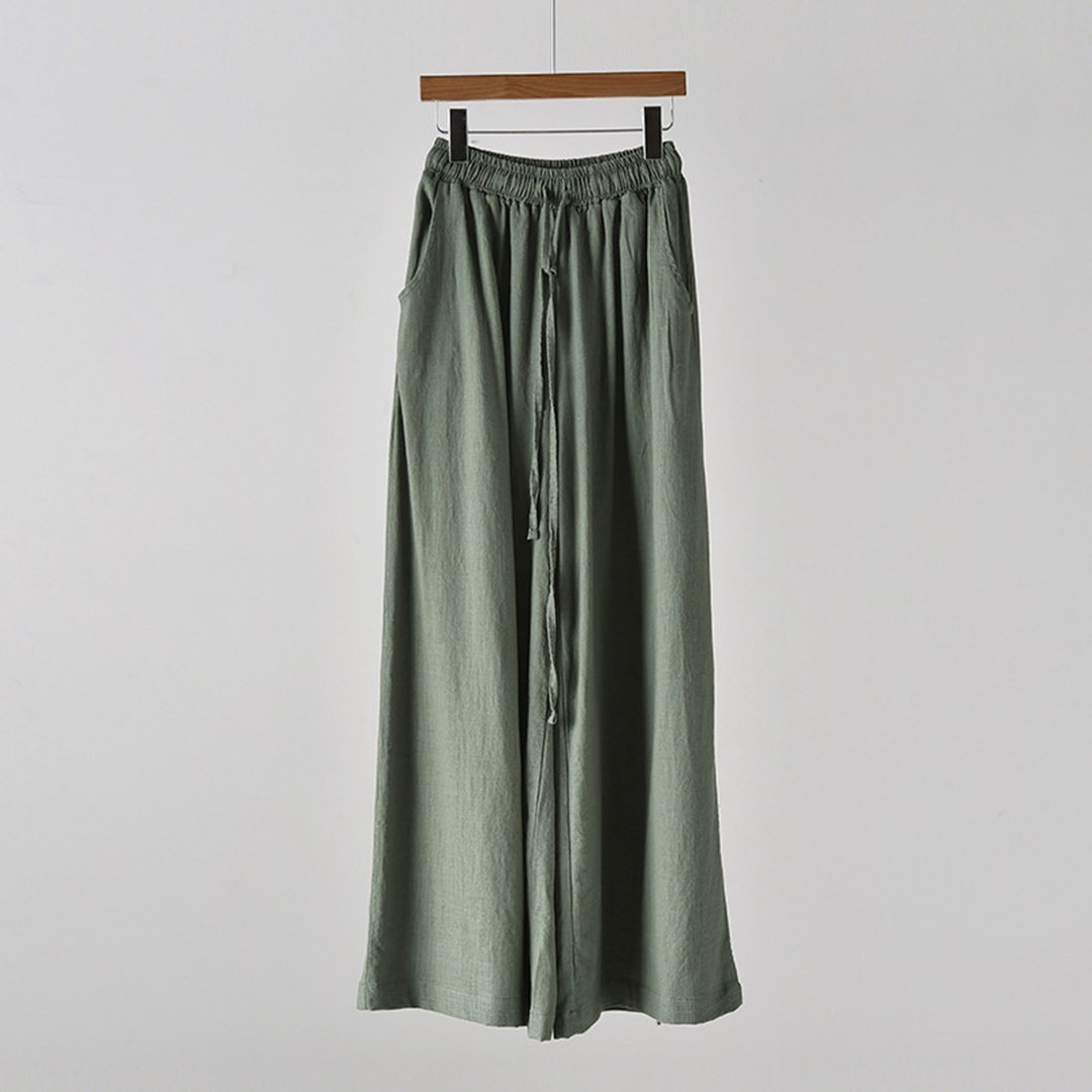 Tie-Up Cotton Linen Culottes Pants One Size Dark Green 