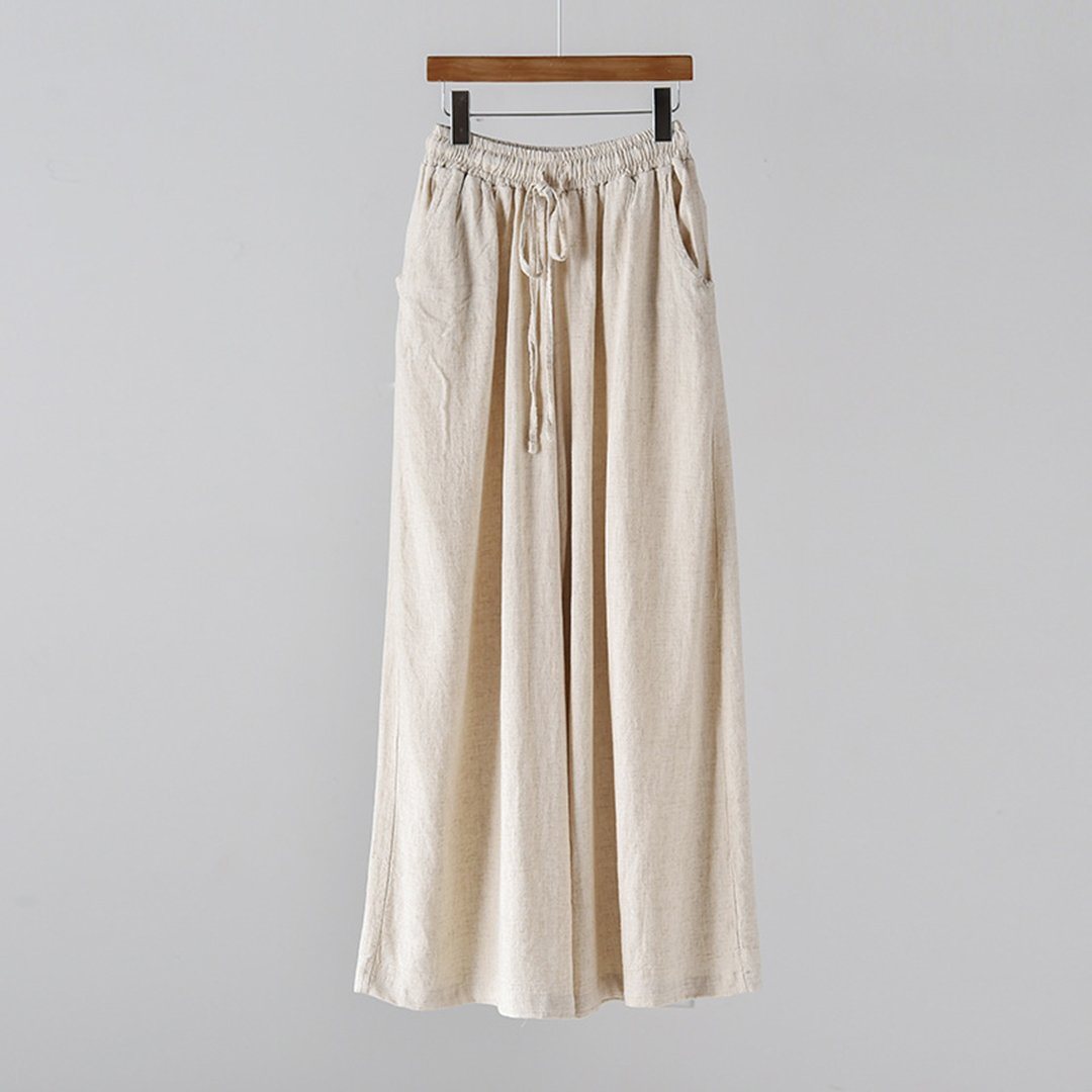 Tie-Up Cotton Linen Culottes Pants One Size Linen 