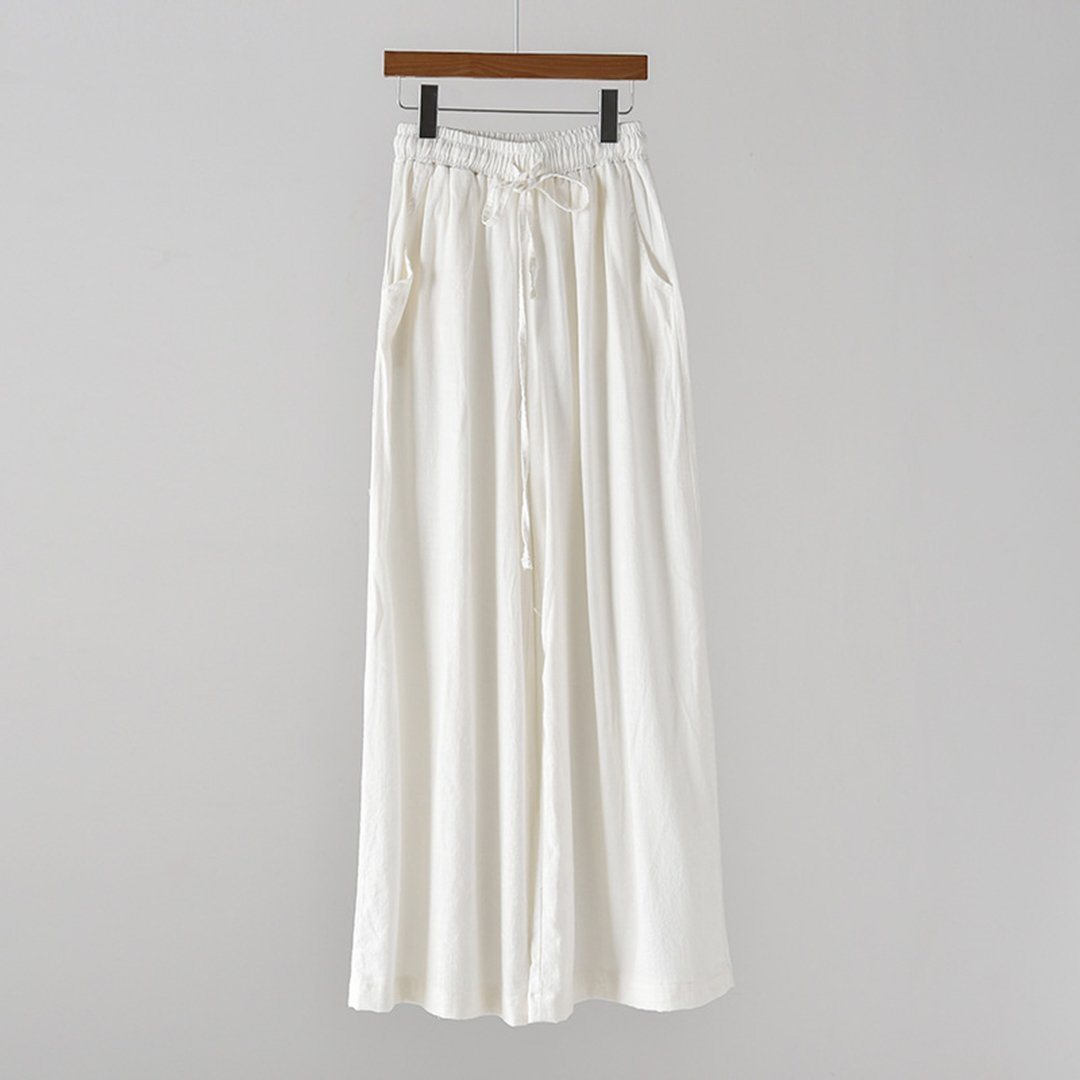 Tie-Up Cotton Linen Culottes Pants One Size White 