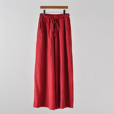 Tie-Up Cotton Linen Culottes Pants One Size Wine Red 