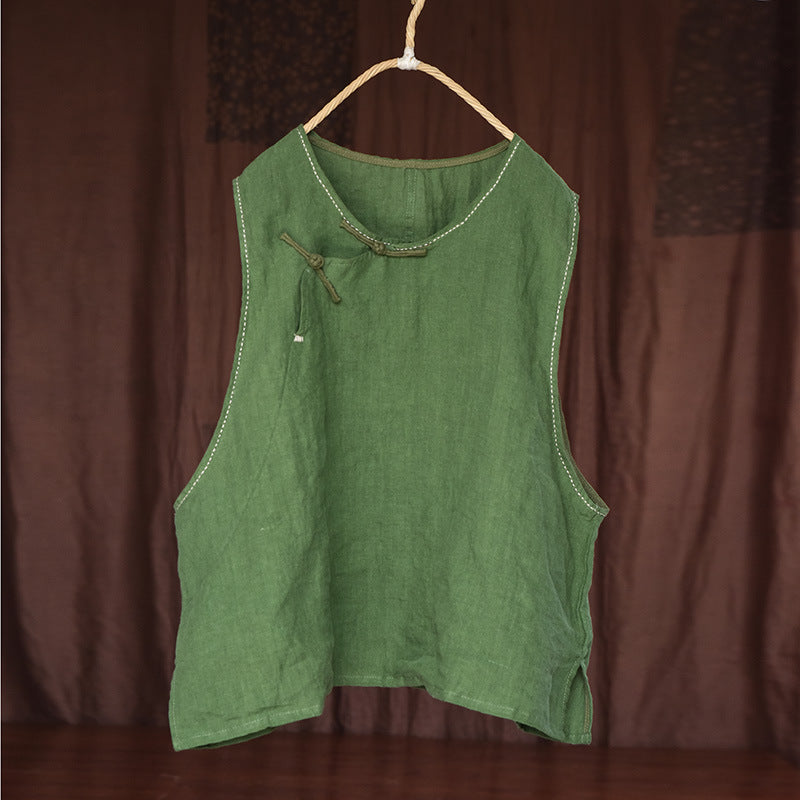 Traditional Handmade Embroidered Hem Retro Linen Vest Jul 2022 New Arrival Green One Size 