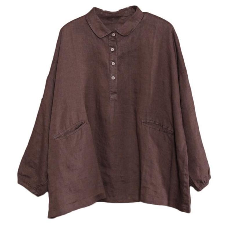 Turn-Down Collar Loose Cotton Linen Blouse 2019 March New 