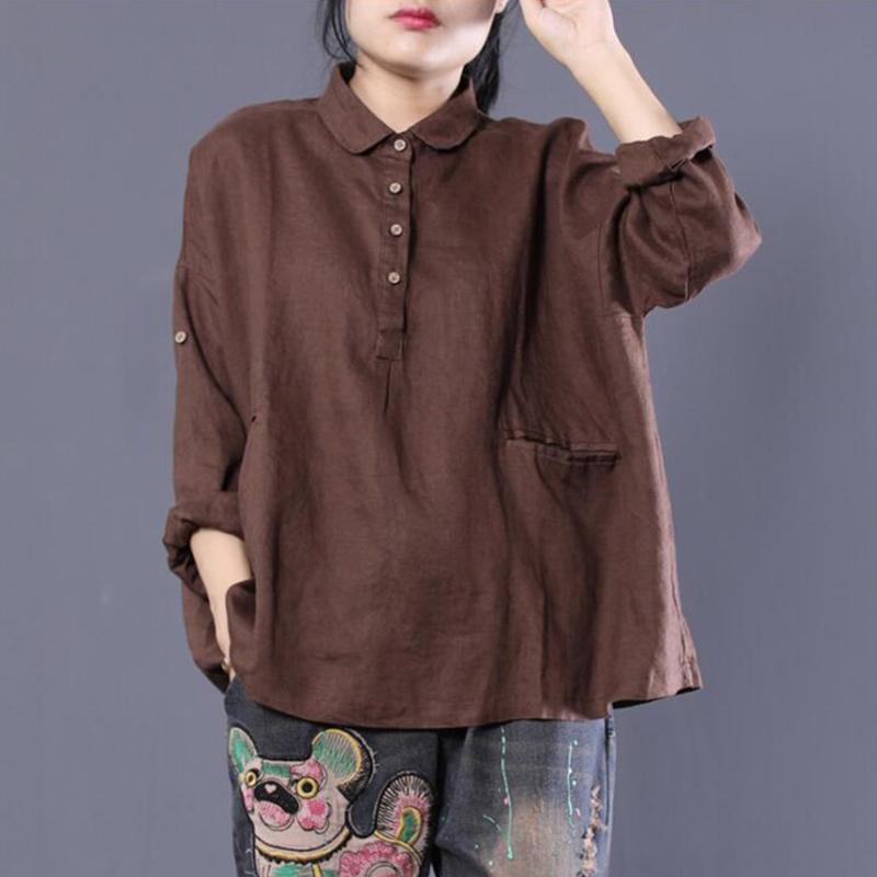 Turn-Down Collar Loose Cotton Linen Blouse 2019 March New One Size Coffee 