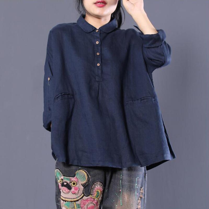 Turn-Down Collar Loose Cotton Linen Blouse 2019 March New One Size Navy Blue 