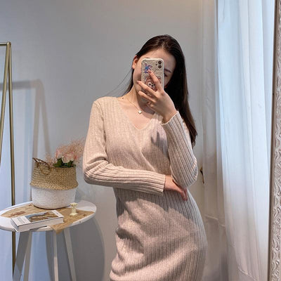 V-Neck Long Knitted Bottoming Dress August 2020-New Arrival 