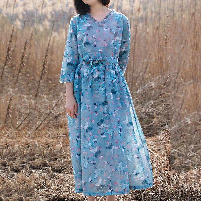 V-neck Ramie Print Floral Dress March 2021 New-Arrival L Floral Blue 