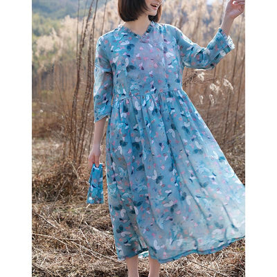 V-neck Ramie Print Floral Skirt March 2021 New-Arrival 
