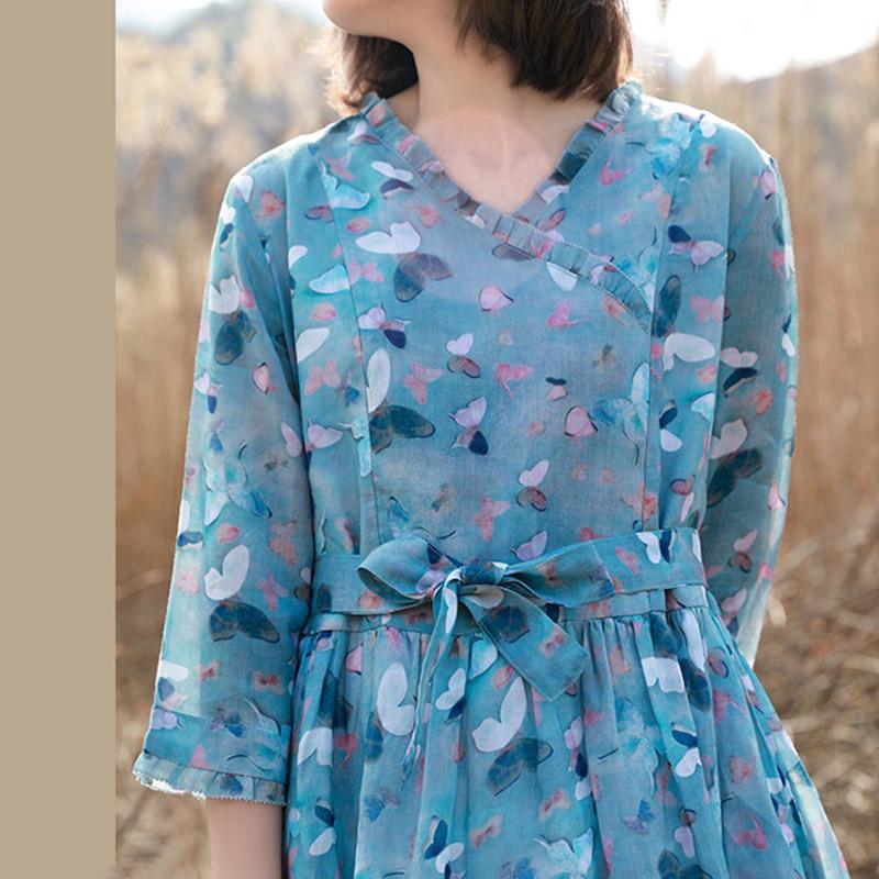 V-neck Ramie Print Floral Skirt March 2021 New-Arrival 