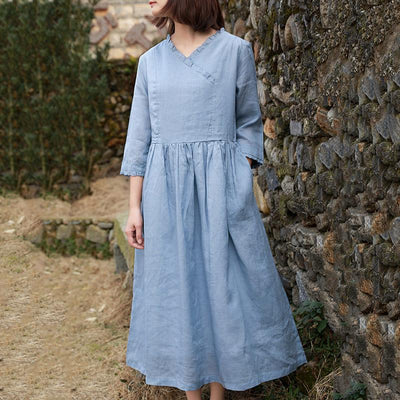 V-neck Ramie Print Floral Skirt March 2021 New-Arrival L Blue 