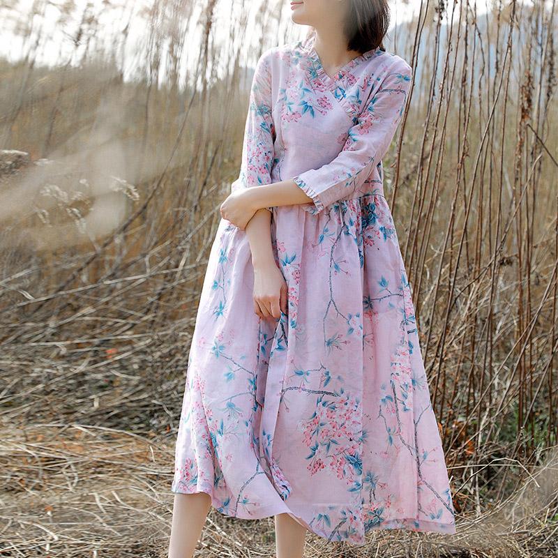 V-neck Ramie Print Floral Dress