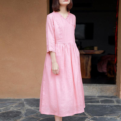 V-neck Ramie Print Floral Skirt March 2021 New-Arrival L Pink 