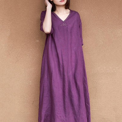 V-neck Solid Color Linen Dress Loosefit