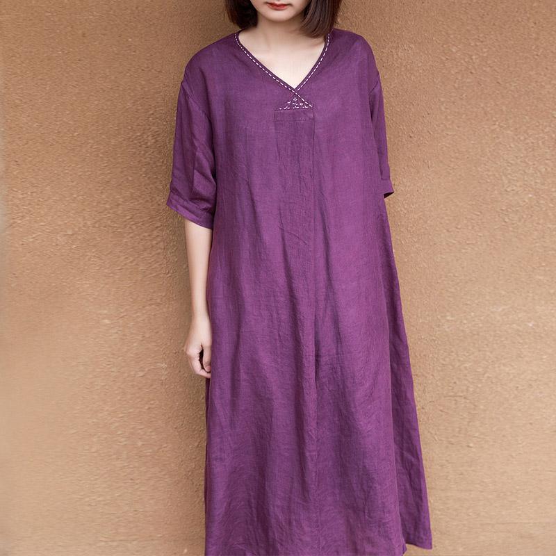 V-neck Solid Color Linen Dress Loosefit