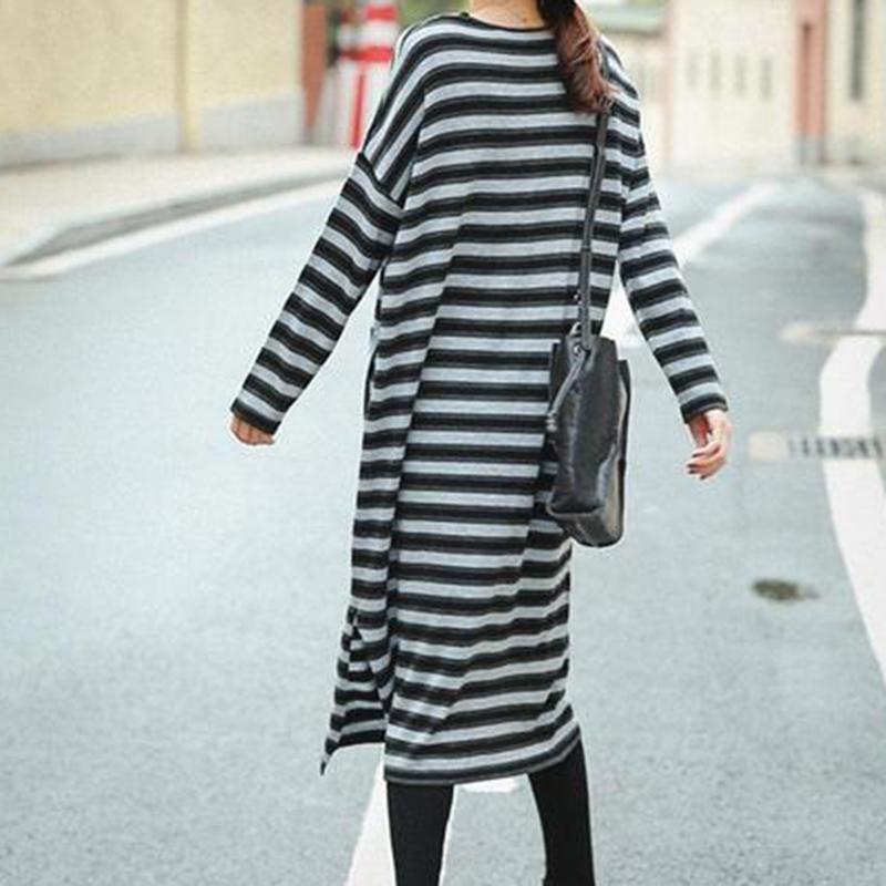V-neck Striped Mid-length Sweater Loose Dresses