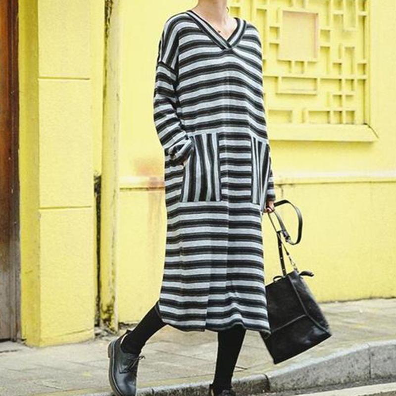 V-neck Striped  Mid-length Sweater Loose Dresses - Babakud