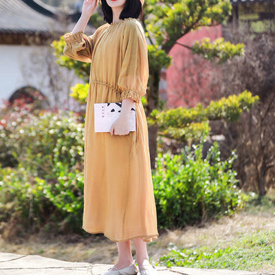 Vintage Double Layers Solid Casual Loose Linen Dress May 2022 New Arrival 