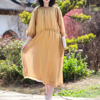 Vintage Double Layers Solid Casual Loose Linen Dress