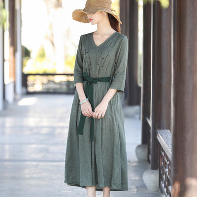 Vintage Elegant Casual Spring Summer Cotton Linen Dress