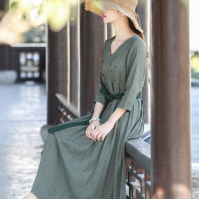 Vintage Elegant Casual Spring Summer Cotton Linen Dress Apr 2022 New Arrival Gray L 