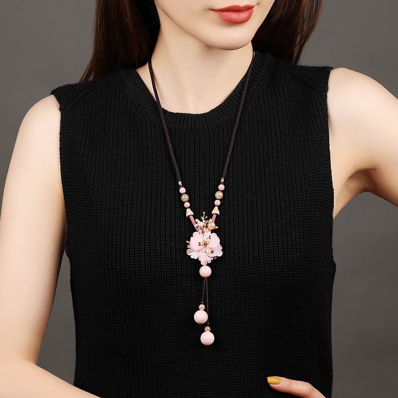 Vintage Ethnic Coloured Glazed Pink Flower Handmade Necklace