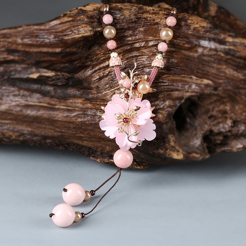 Vintage Ethnic Coloured Glazed Pink Flower Handmade Necklace