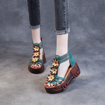 Vintage Ethnic Leather Floral High Heel Sandals June 2021 New-Arrival 35 Green 