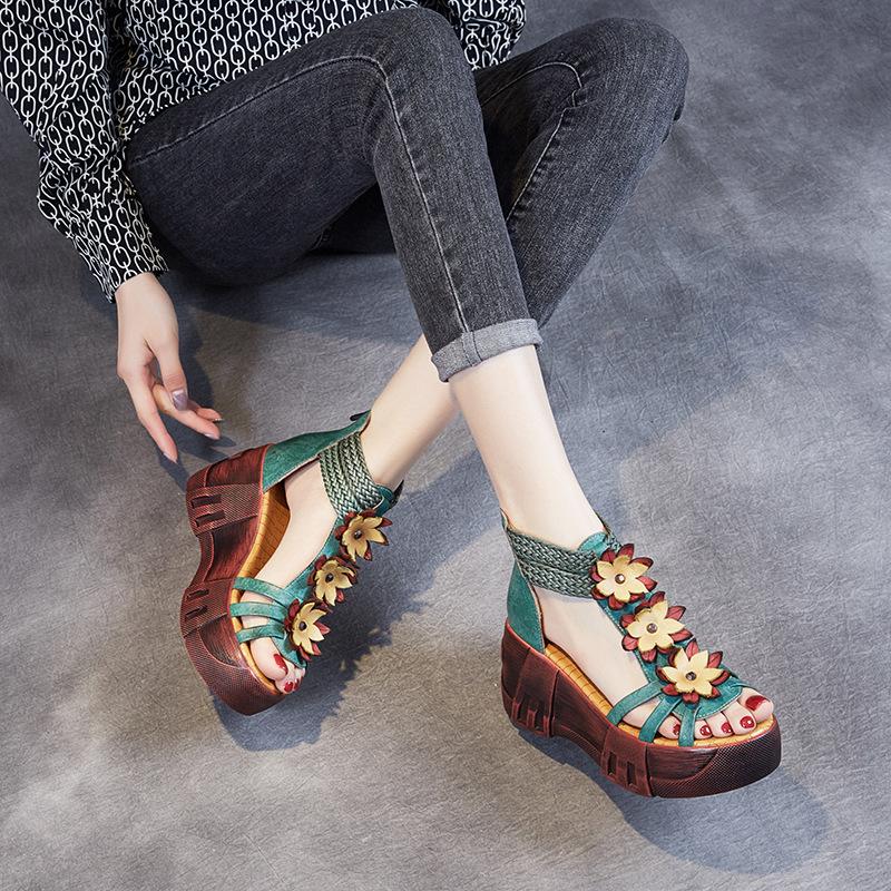 Vintage Ethnic Leather Floral High Heel Sandals June 2021 New-Arrival 