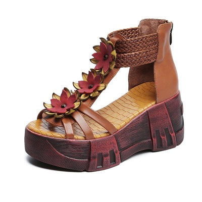 Vintage Ethnic Leather Floral High Heel Sandals June 2021 New-Arrival 