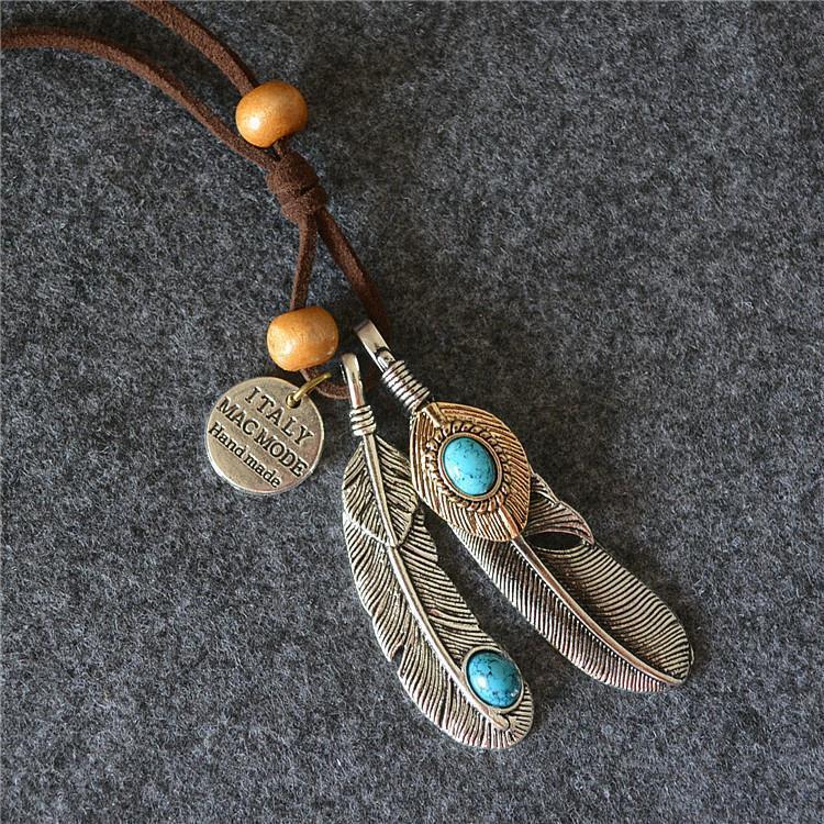 Vintage Ethnic Style Feathers Leaves Wooden Beads Long Necklace ACCESSORIES 