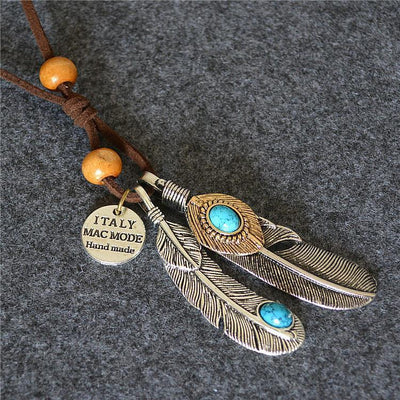 Vintage Ethnic Style Feathers Leaves Wooden Beads Long Necklace ACCESSORIES 