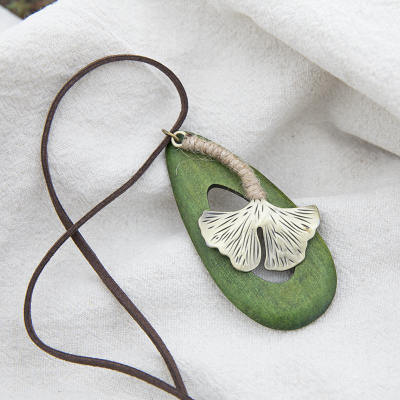Vintage Exquisite Ginkgo Copper Green Drop Shape Pendant Necklace Jewelry One Size Green 