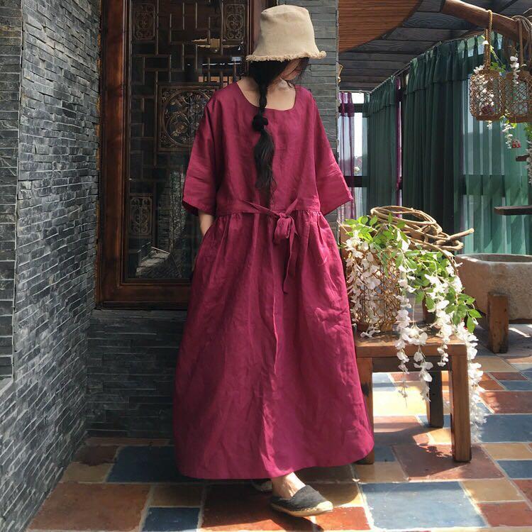 Vintage Gathered Linen Swing Long Sleeve Dress With Adjustable Belt 2019 March New 
