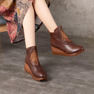 Vintage Handmade Leather Round Toe High Heel Boots
